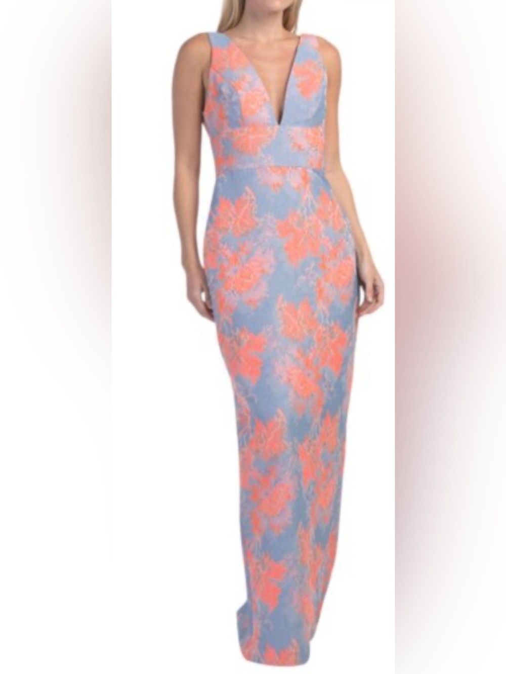 Amsale  Ice Floral jacquard Printed Blue / Coral Gown Sz 12 NWT